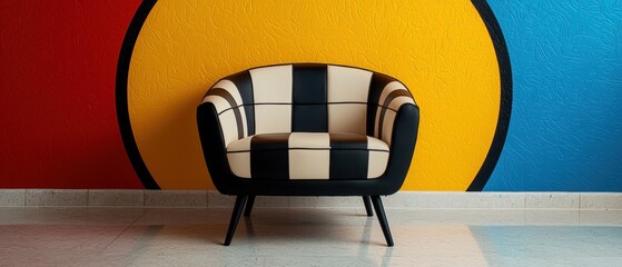 Stylish black and white armchair in a modern room with a colorful wall