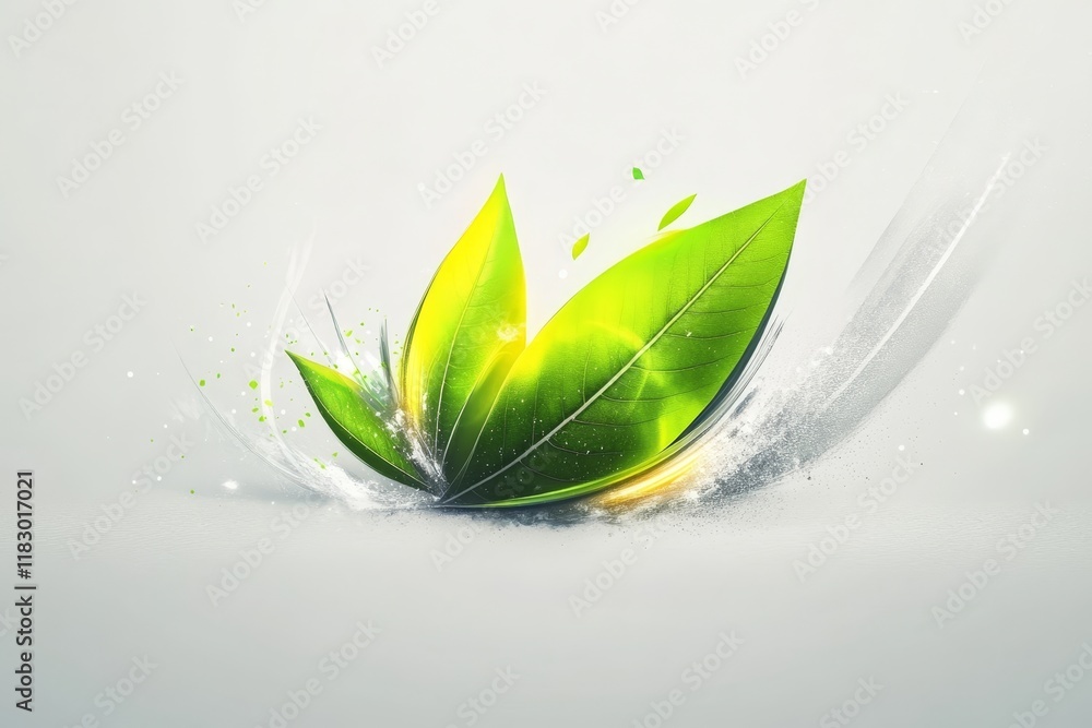 Aufkleber fresh and vibrant green leaves with a dynamic splash of color and light against a soft gray backgrou