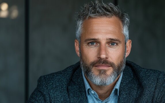 Portrait of a handsome mature man with gray hair and beard