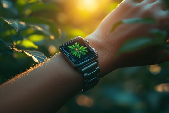 Sporty Smartwatch on Wrist in Nature with Heart Rate Monitor and AMOLED Display for Trail Running