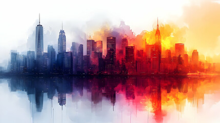 Watercolor Cityscape with Reflection Illustration