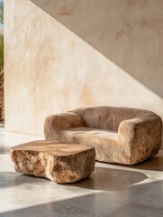 Modern minimalist living room interior design with a unique wooden coffee table and sofa