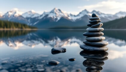 Fototapeta premium zen, stones, stacked, balanced, lake, still, water, reflection, snowcapped, mountains, range, serene, tranquil, harmony, nature, peaceful, meditative, scenic, outdoors, natural, calm, alignment