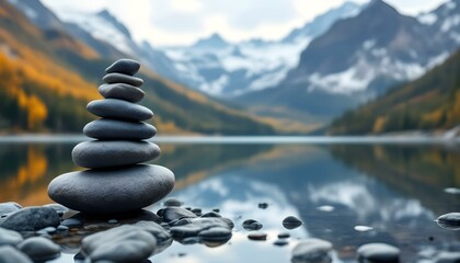 zen, stones, stacked, balanced, lake, still, water, reflection, snowcapped, mountains, range, serene, tranquil, harmony, nature, peaceful, meditative, scenic, outdoors, natural, calm, alignment