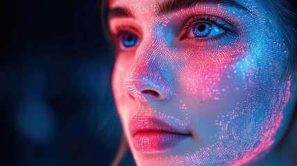 Close-up portrait of a woman's face with neon light painting effect.