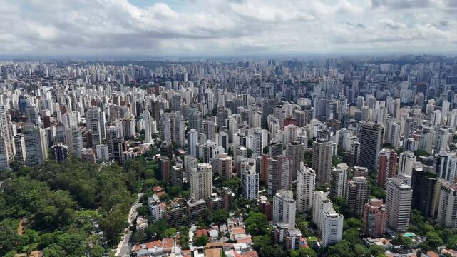 Aerial video above Parque Ibirapuera Sao Paulo on a sunny day