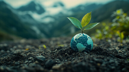 Earth symbolizes sustainability with a young plant sprouting in rich soil amidst a mountain backdrop