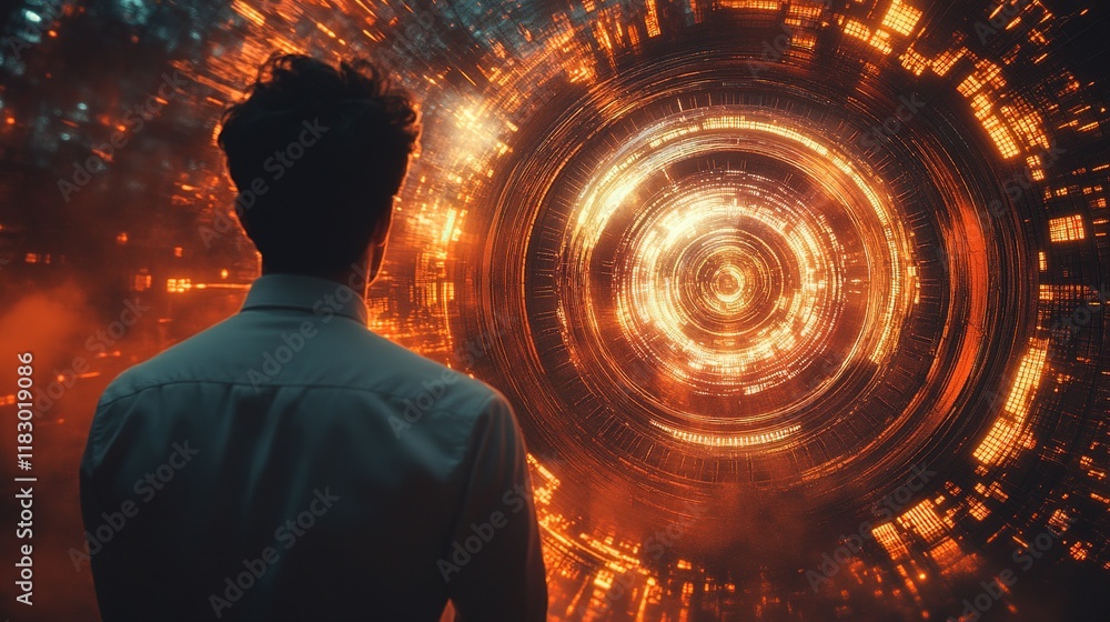 Poster exploring futuristic technology concepts digital realm visual art abstract environment rear view ima