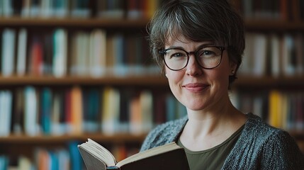 Librarian shares knowledge with a warm smile while holding a book in a library