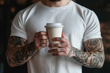 Stylish coffee drinker in the city, his tattoo prominent.