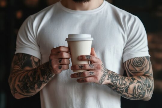 Stylish coffee drinker in the city, his tattoo prominent.