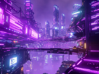 A hyper-realistic cyberpunk city skyline at night, glowing with purple, green, blue and cyan neon lights, futuristic architecture