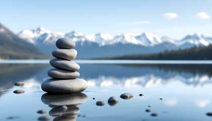 zen, stones, stacked, balanced, lake, still, water, reflection, snowcapped, mountains, range, serene, tranquil, harmony, nature, peaceful, meditative, scenic, outdoors, natural, calm, alignment