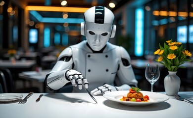 Fototapeta premium A futuristic culinary scene featuring a robotic chef meticulously plating a gourmet dish with a fork.