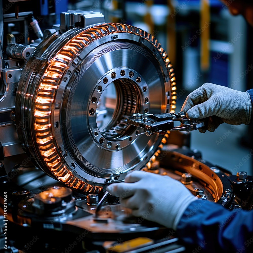 Poster manufacturing precision engineering factory floor mechanical components industrial setting close-up 