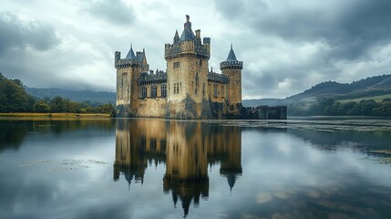 Obraz premium Majestic castle reflection in serene lake enchanted landscape photography atmospheric environment captivating view