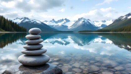 zen, stones, stacked, balanced, lake, still, water, reflection, snowcapped, mountains, range, serene, tranquil, harmony, nature, peaceful, meditative, scenic, outdoors, natural, calm, alignment