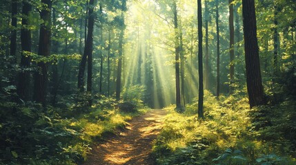 Fototapeta premium Sunbeams illuminate a forest path. (1)