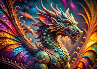 Fototapeta premium Intricate Dragon Artwork: Fantasy Creature with Detailed Scales and Majestic Wings