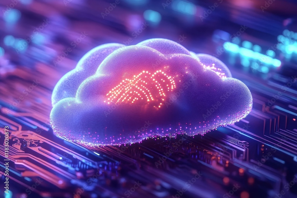 Poster futuristic digital cloud with colorful neon lights representing data storage and cloud computing on 