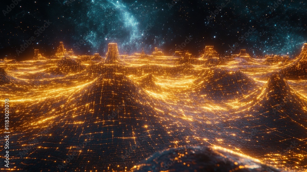 Aufkleber futuristic digital landscape with illuminated terrain, cosmic background, and glowing fibonacci wave
