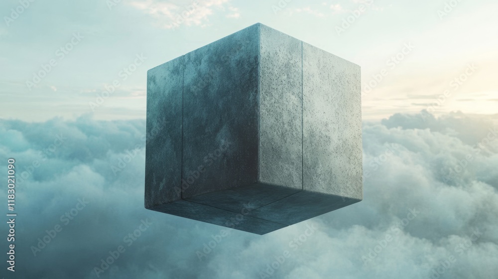 Aufkleber abstract concrete cube floating above soft clouds in bright sky