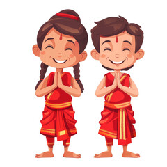 Two happy Indian children in traditional red clothing with hands in prayer position.