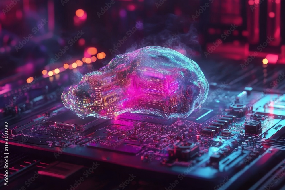 Poster futuristic digital skull shaped cloud above a circuit board surrounded by colorful light and technol