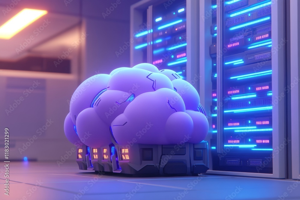 Poster futuristic digital storage concept with cute cloud characters surrounded by server racks in a modern