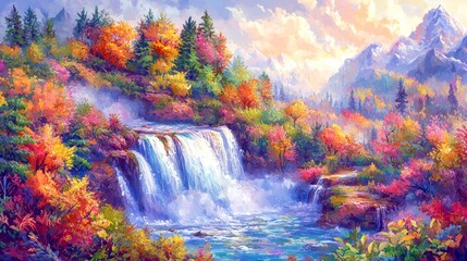 Scenic Autumn Landscape with Vibrant Fall Colors, Waterfall, Trees, and Mountains Beneath a Colorful Sky
