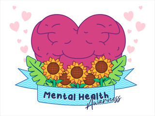 Mental health awareness care support selfcare embrace help treatment mentally problem sunflowers heart shaped brain love background blue ribbon with leaves design