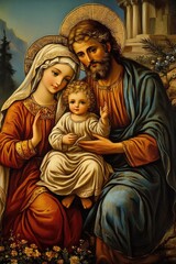Devotional in essence - icon of the Holy Family with Saint Mary, Joseph, baby Jesus Christ, symbolizing Christmas blessings, Easter joy, fasting observance, spiritual depth, sacred unity. © Ирина Батюк