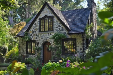 A delightful stone cottage nestled amidst a bustling garden full of vibrant blooms, all set in a peaceful woodland atmosphere bathed in the warm glow of afternoon light