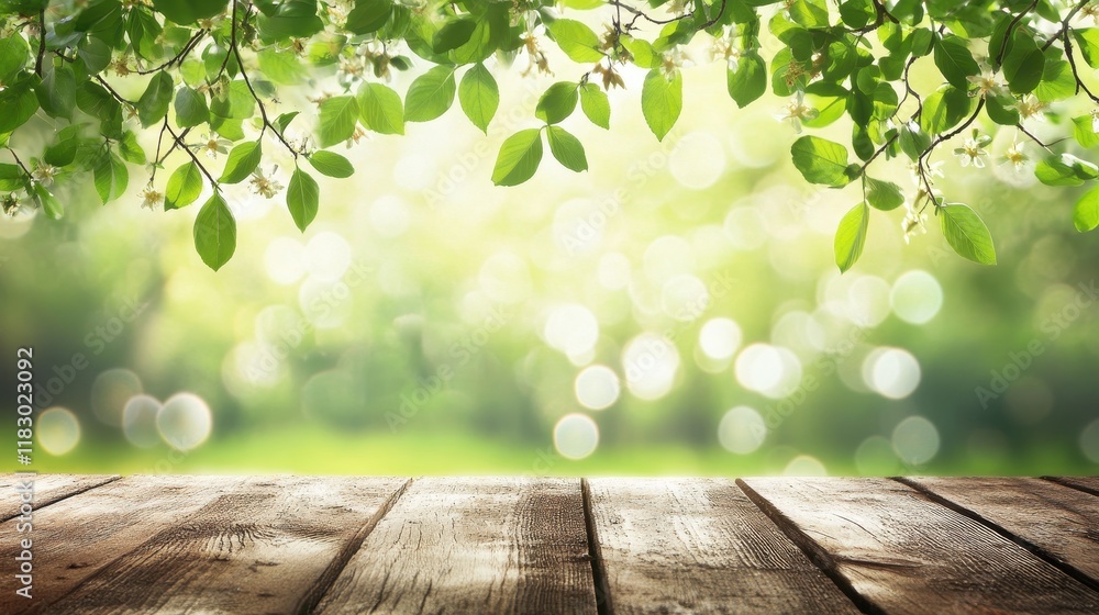 Poster rustic wooden table with green leaves and bokeh background. ideal for product display, spring themes