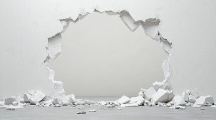 White concrete wall with large broken hole, revealing blank space behind. debris scattered on floor adds to dramatic effect of scene
