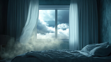 serene bedroom with open window, revealing cloudy and dark weather outside. soft curtains flutter gently, creating calm atmosphere