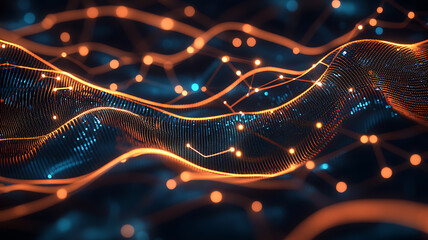 3D illustration of artificial intelligence neural network abstract orange ai background
