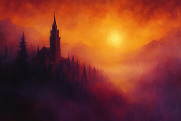 Church Tower in Foggy Autumn Sunrise Landscape with Misty Village Countryside and Warm Orange Dawn Sky