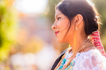 Indigenous woman wearing traditional clothes celebrating hispanic heritage. Dia de la hispanidad