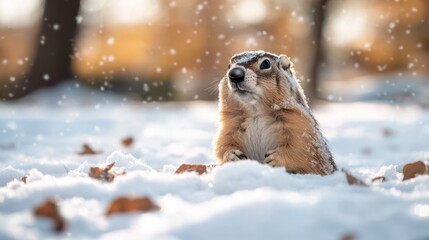 Alert and Curious Squirrel Sitting in a Snow Covered Forest Landscape on a Cold Winter Day with Scenic Natural Environment and Chilly Weather