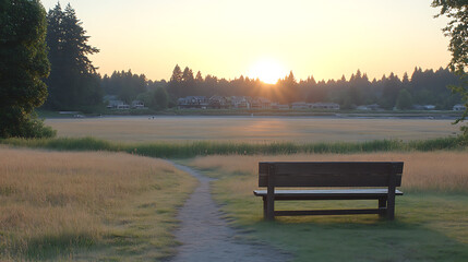 Obraz premium Bench on Path Overlooking Field at Sunset