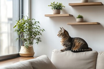 Tabby Cat Sitting on a Beige Sofa in a Bright, Minimalist Living Room