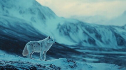 Naklejka premium Arctic Snow Wolf in Its Frigid Arctic Habitat, Embodying the Spirit of the Frozen Wilderness