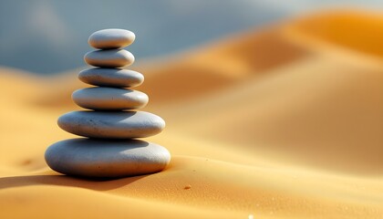 Obraz premium zen, stones, stacked, tower, sand, dunes, golden, balance, serene, tranquil, harmony, nature, peaceful, meditative, scenic, outdoors, natural, calm, alignment, symmetry, mindfulness, picturesque,