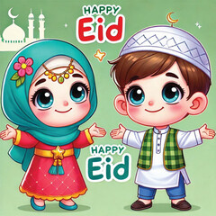 Muslim cartoon little girl and boy saying happy eid