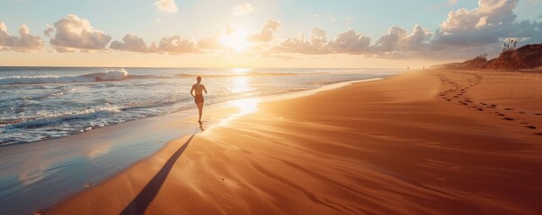 Outdoor scene picture of person jogging along seashore path in a sea. Skillful athlete do physical exercise inside beautiful beach for healthy life and body. Routine run workout for strength. AIG61.