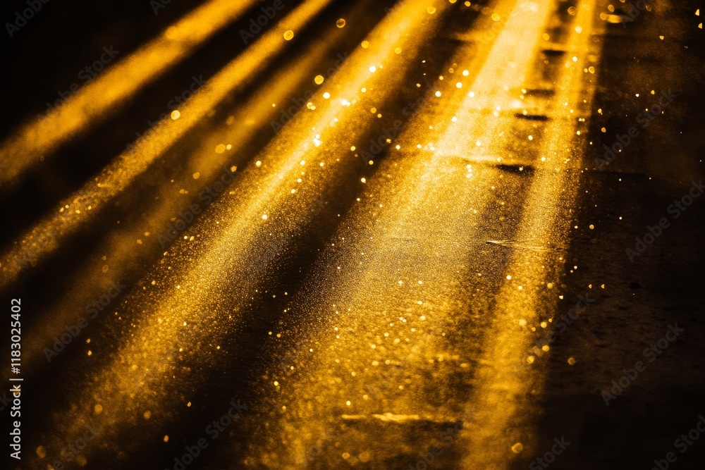 Poster golden sunbeams streaming through trees creating a mystical atmosphere with sparkling dust particles
