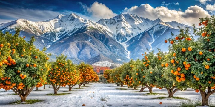 Vintage Style Photography of Orange Trees Under Snow with Majestic Mountains in Ojai Valley, California - Unprecedented 2023 Snowfall