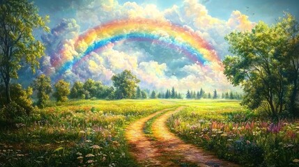 Obraz premium Serene Landscape Rainbow over Vibrant Wildflower Meadow and Winding Country Road