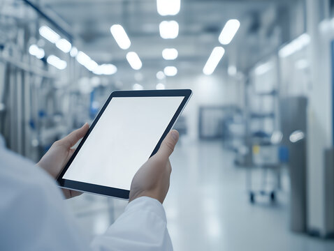 Person holding tablet with blank screen, Tablet with blank screen in laboratory setting, Ideal for scientific or industrial digital mockups, Generative AI